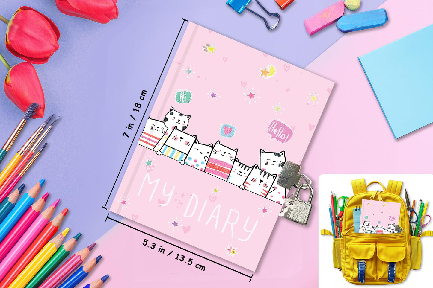 Ginmlyda Girls Diary With Lock For Kids, 7X5.25 Inches 112 Lined Pages Secret Cats Notebook For Girls Journal With Lock For Kids