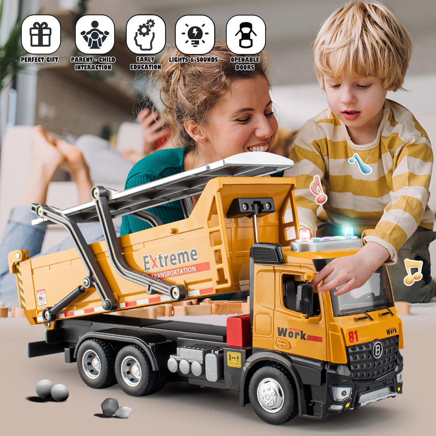 TAKGUD Dump Truck for Boys Age 4-7, 12'' Big Plastic Toy Dump Truck with Sounds & Lights, Construction Vehicle Toys with Movable