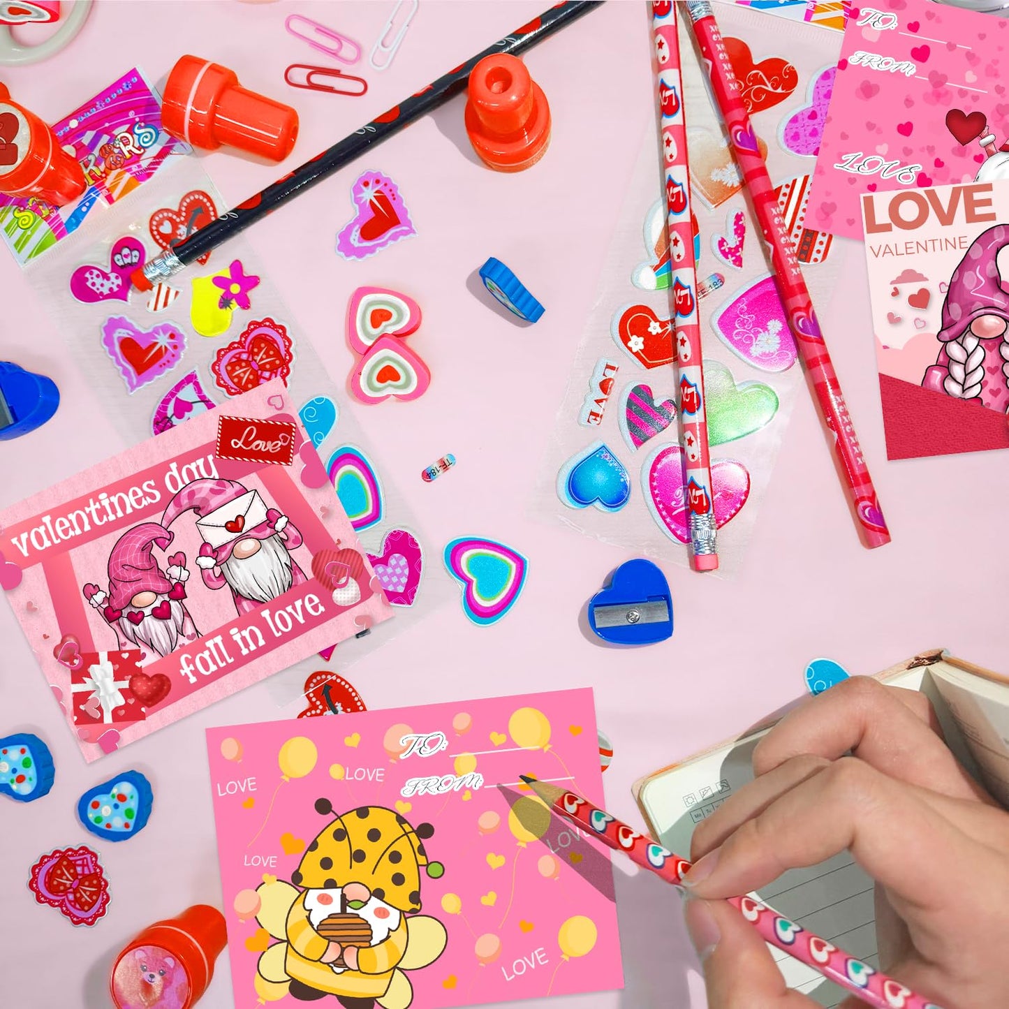 SQZUWIT 497PCS Valentines Day Gifts for Kids, 36 Pack Valentines Day Party Favor with Cards Pencils Stickers Erasers Stampers Cl