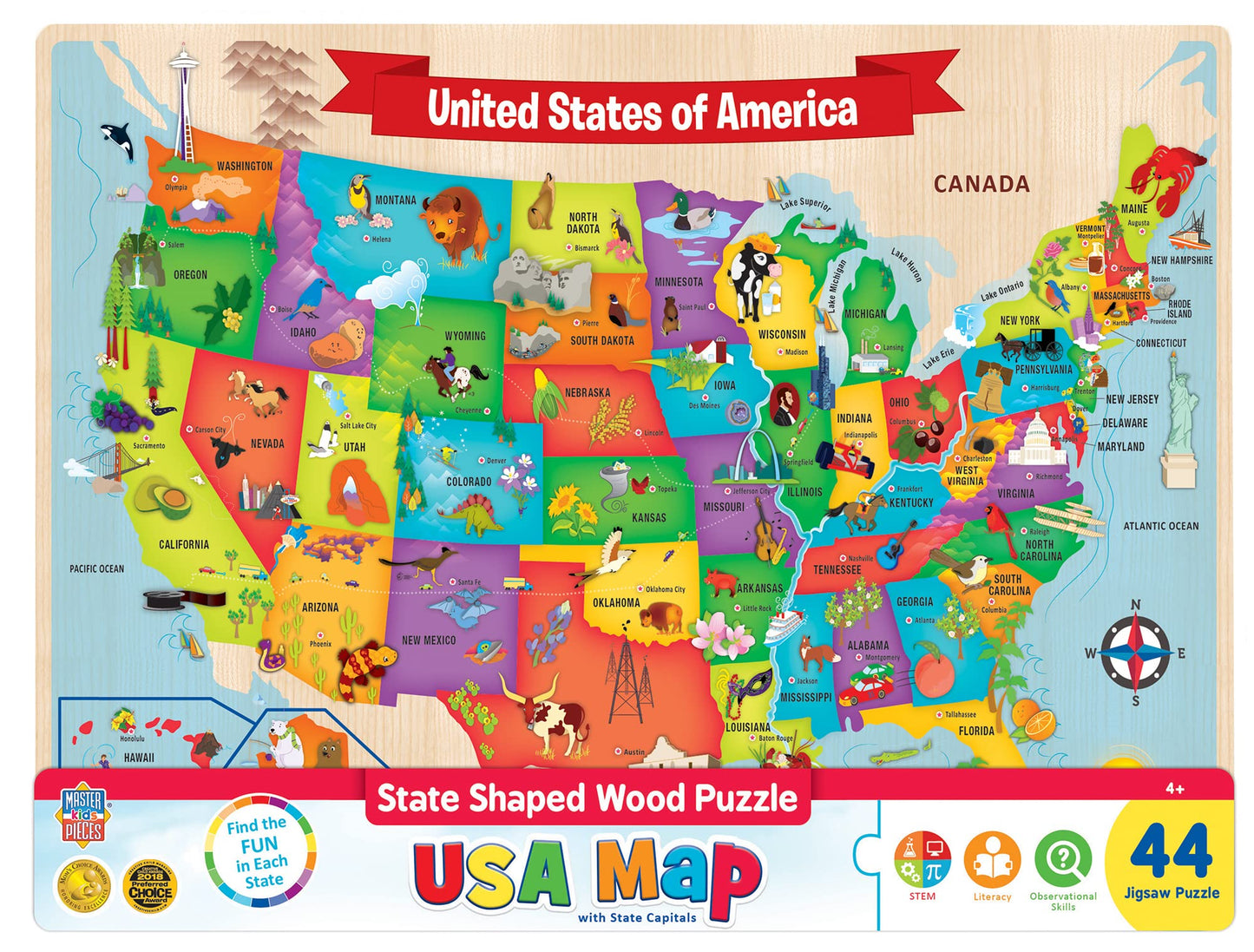 MasterPieces 44 Piece Jigsaw Puzzle for Kids - USA Map Wood Puzzle - 16.5x11.8