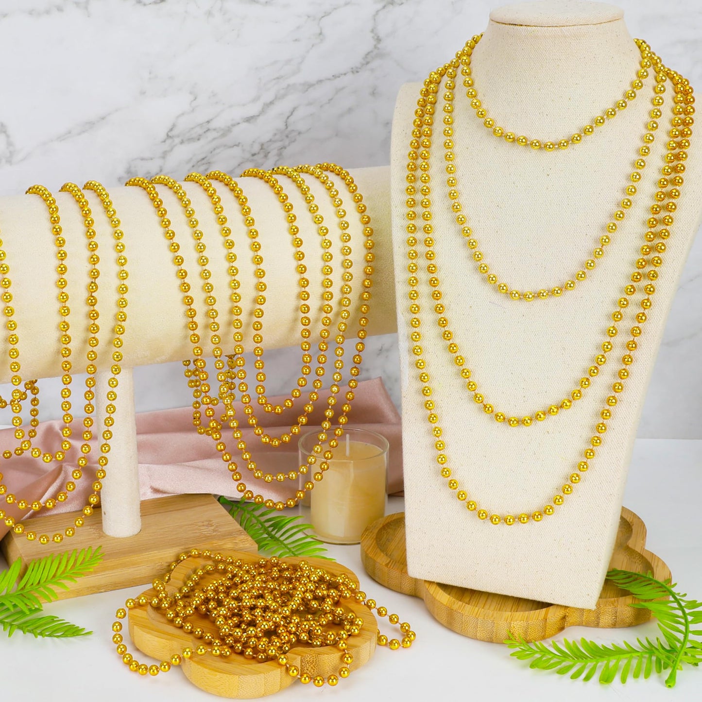 100 Pcs Mardi Gras Beads, 33'' Gold Beads Necklaces, St Patricks Day Beads Necklaces Bulk, Round Beaded Parade Throw Accessories
