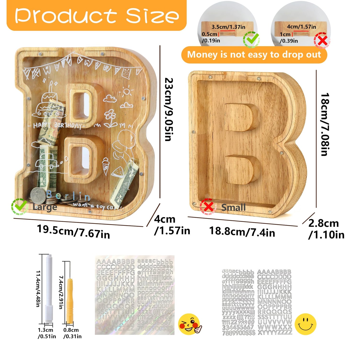 weallbuy Large Letter Piggy Bank for Kids Boys Girls Wooden Personalized Piggy Banks A-Z with Target Area Clear Alphabet Banknote Coin Banks for Gift Decoration Baptism (B)