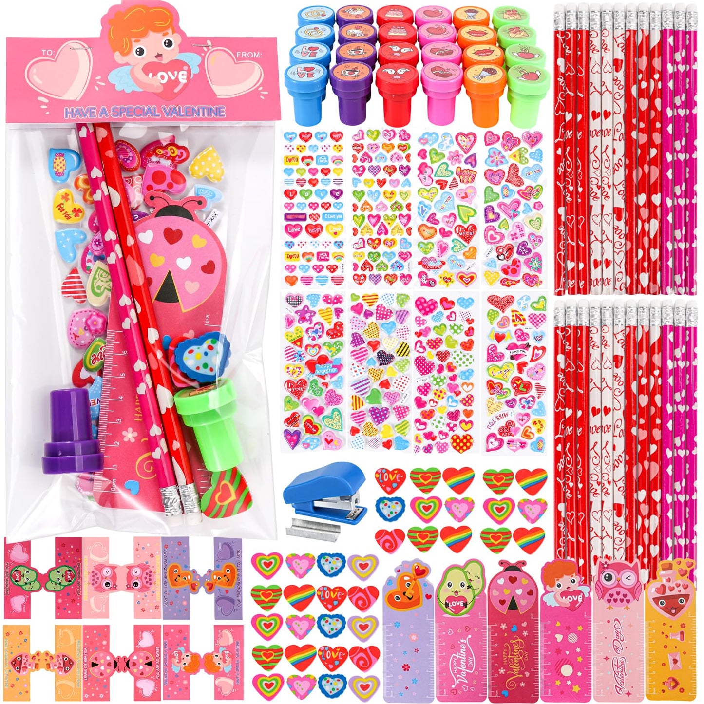 Valentines Day Gifts for Kids- 28 Pack Valentines Day School Stationery Set with Cards Pencils Stickers Erasers Stampers Classr
