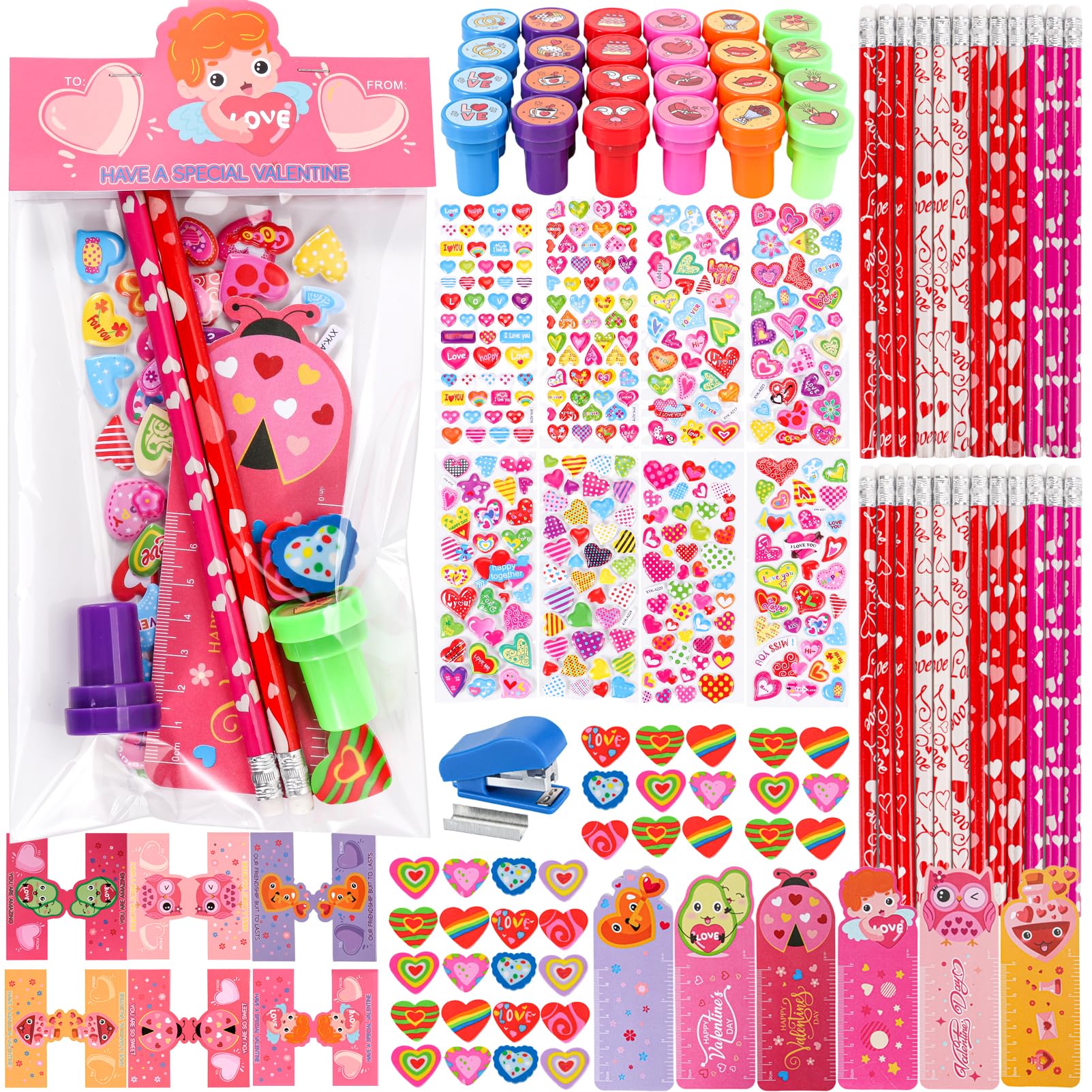 Valentines Day Gifts for Kids- 28 Pack Valentines Day School Stationery Set with Cards Pencils Stickers Erasers Stampers Classr
