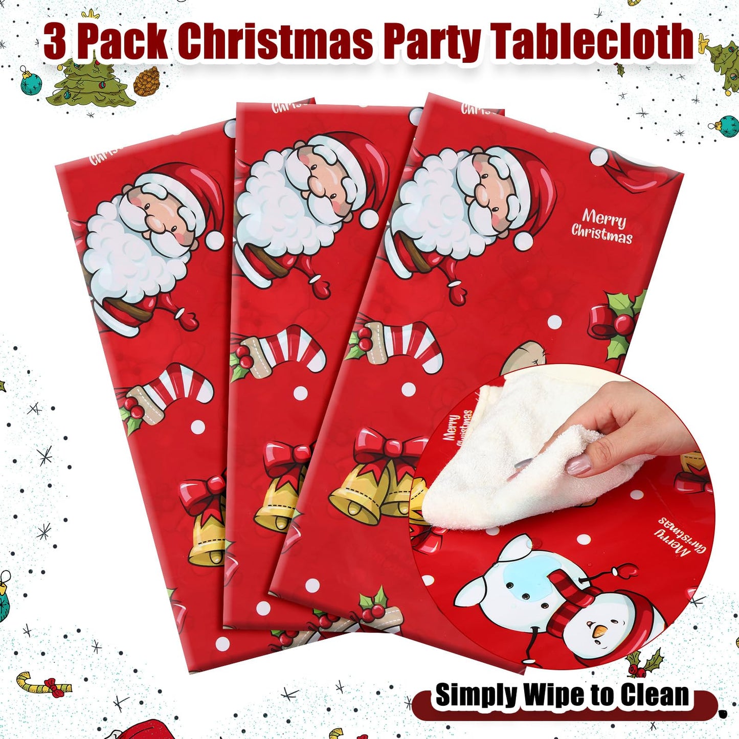 Newwiee 3 Pack Christmas Tablecloths 108 x 54 Inch Disposable Plastic Rectangle Table Cover Holiday Waterproof Tablecloth for Ch
