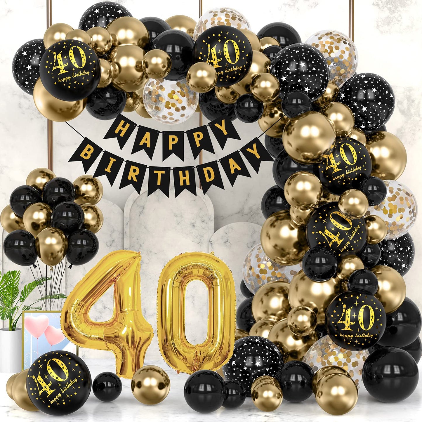 40Th Black Gold Birthday Party Decoration Sets 40 Inch Gold Giant Number Balloons With Birthday Banner Black Gold Balloon Arch G