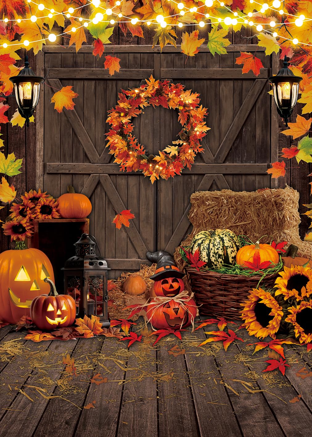Fall Thanksgiving Backdrop Autumn Harvest Maple Leaf Pumpkin Photography Background Rustic Wooden Floor Barn Door Banner Friends