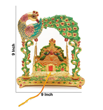 RAAVEE gifts Metal Laddu Gopal Jhula Palna for Laddu Gopal Ji, Nand Gopal Swing Palna with Peacock Design Decorative Showpiece,