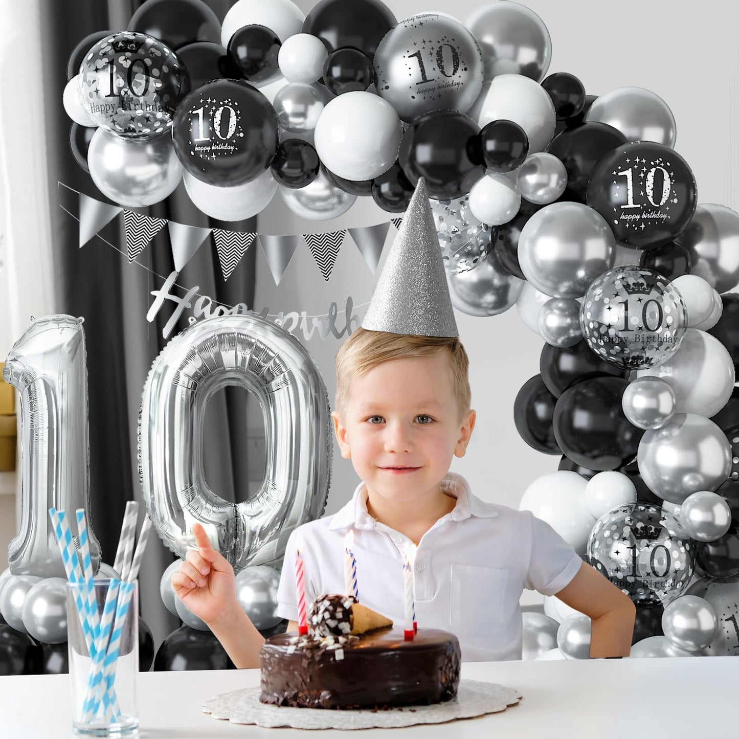 10Th Birthday Decorations Black Silver,10Th Birthday Balloon Garland Party Decorations With Number 10 Foil Balloons,Happy Birthd
