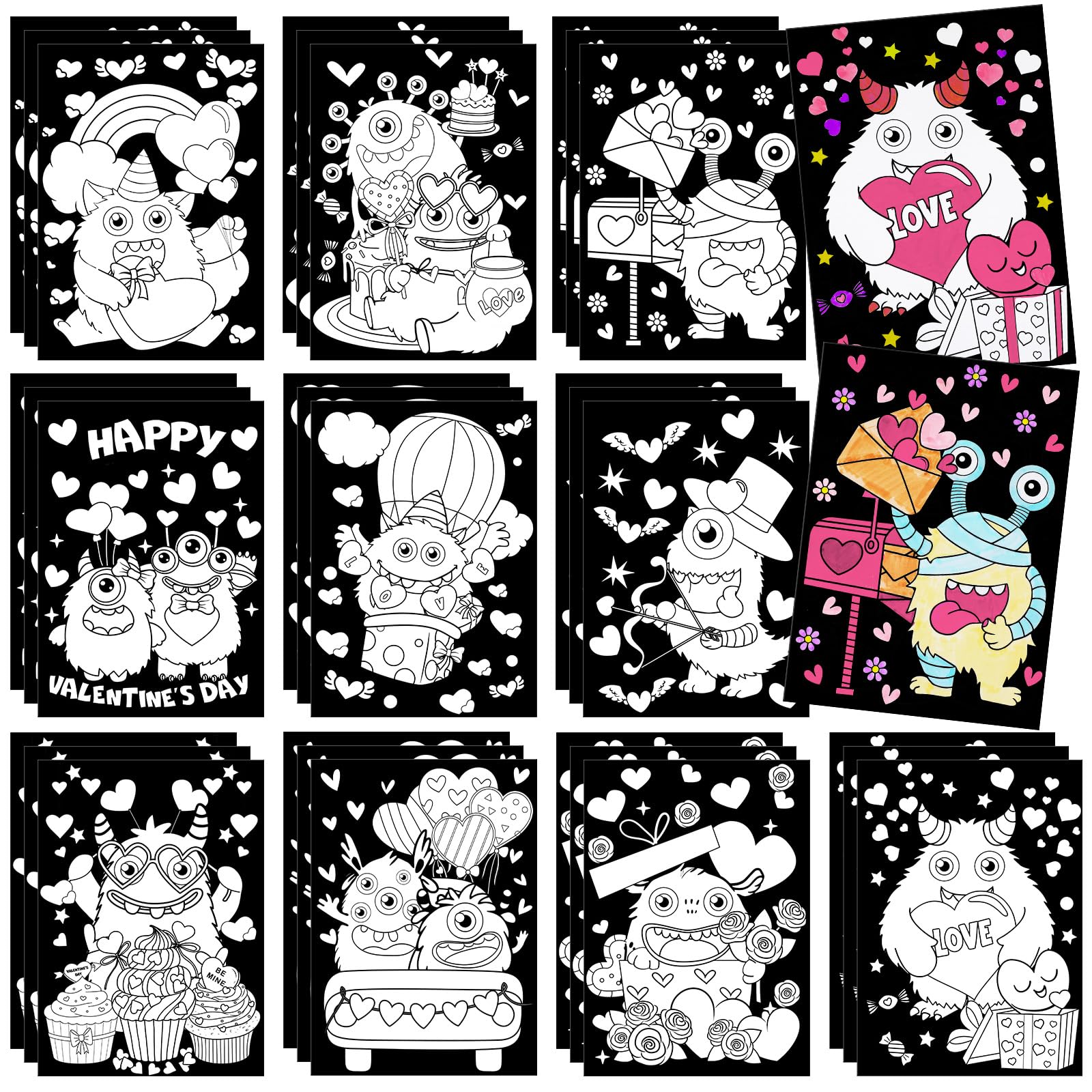 Zhanmai 30 Pcs Valentines Day Coloring Posters Monster DIY Valentines Crafts Bulk Color Your Own Crafts Heart Monster Posters D