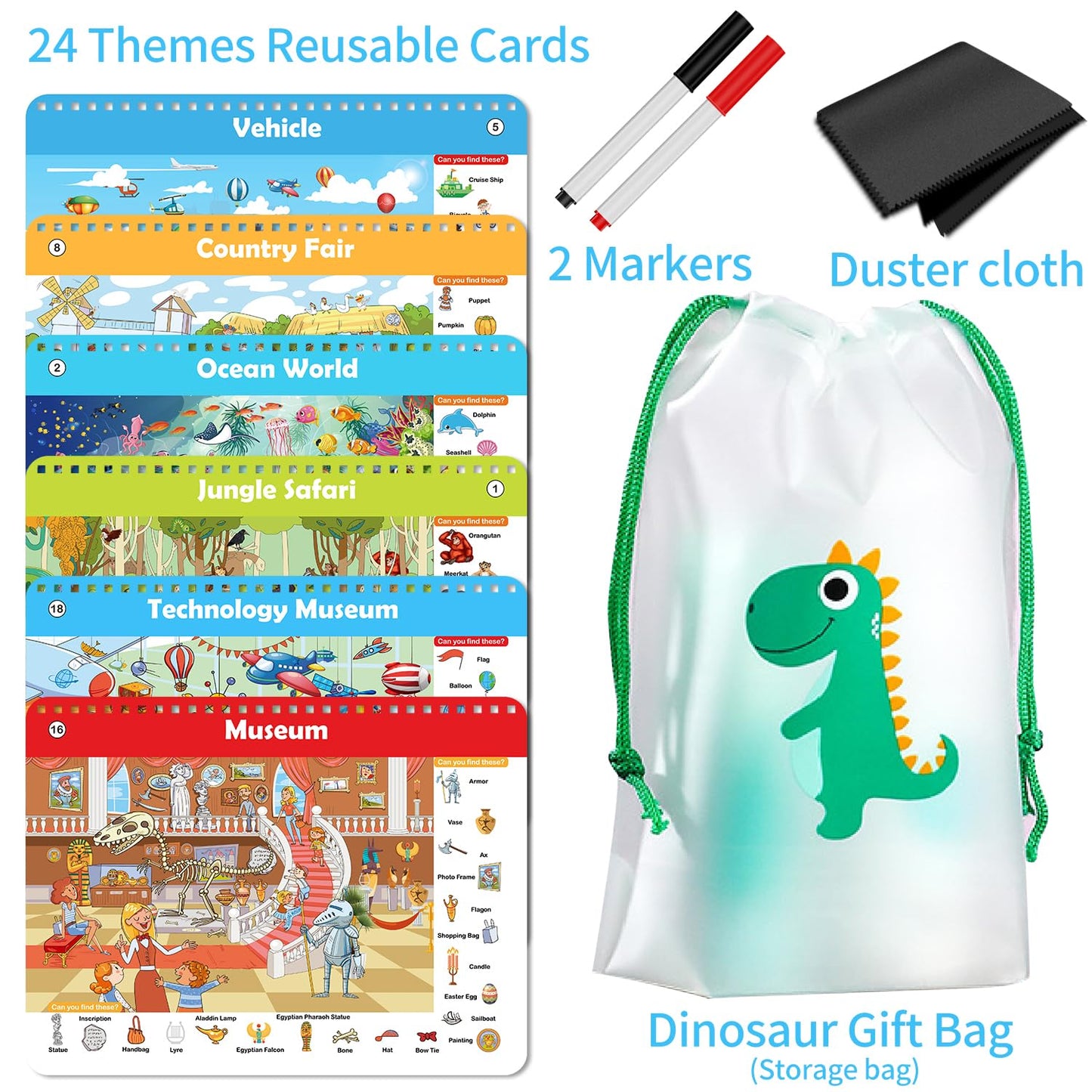 Elfew Search And Find Book For Kids Ages 4-6,3-8, Reusable Activity Mats With 2 Dry Erase Markers 24 Themes Activity Book,Educational Toys For 3+ Year Old