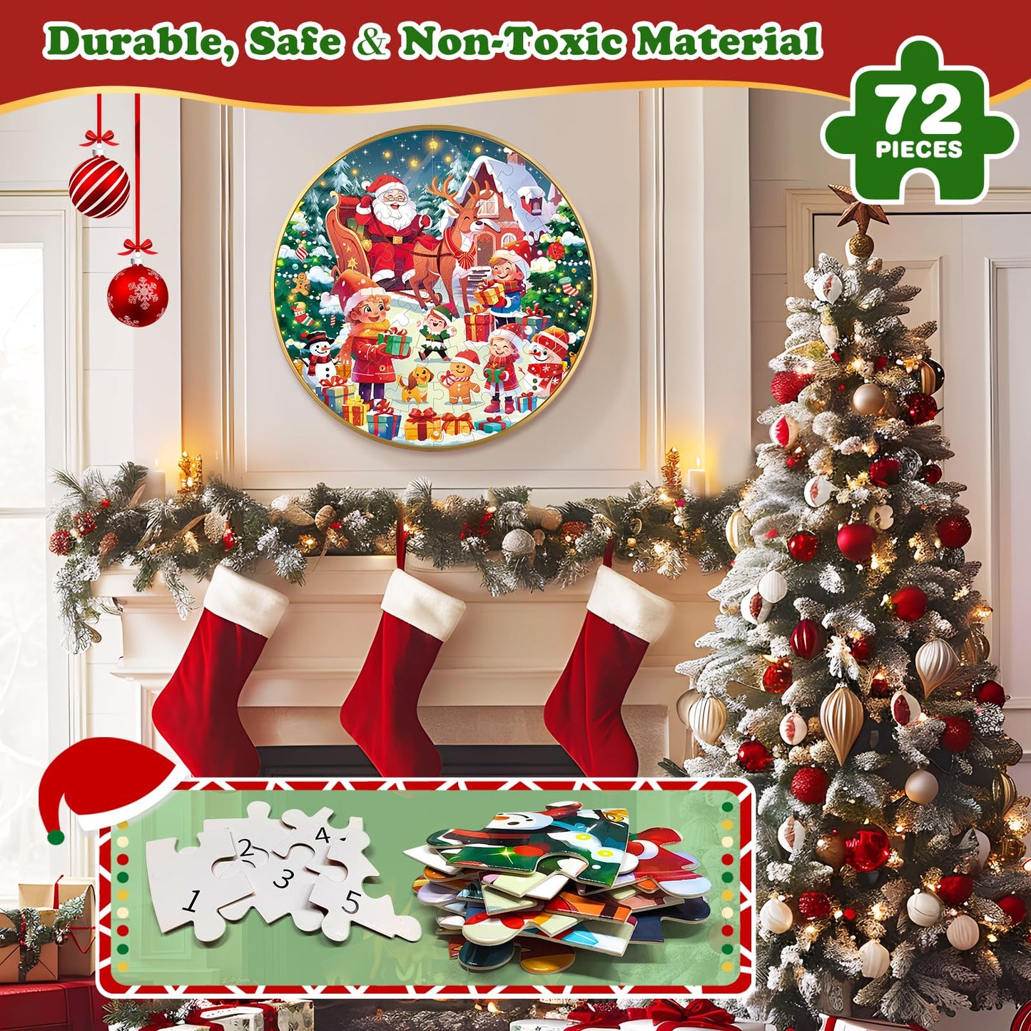 72 Pieces Shimmery Jumbo Christmas Floor Puzzle For Girls 3-5 4-6 Age Floor Puzzles For Boys And Girls Large Round Floor Jigsaw