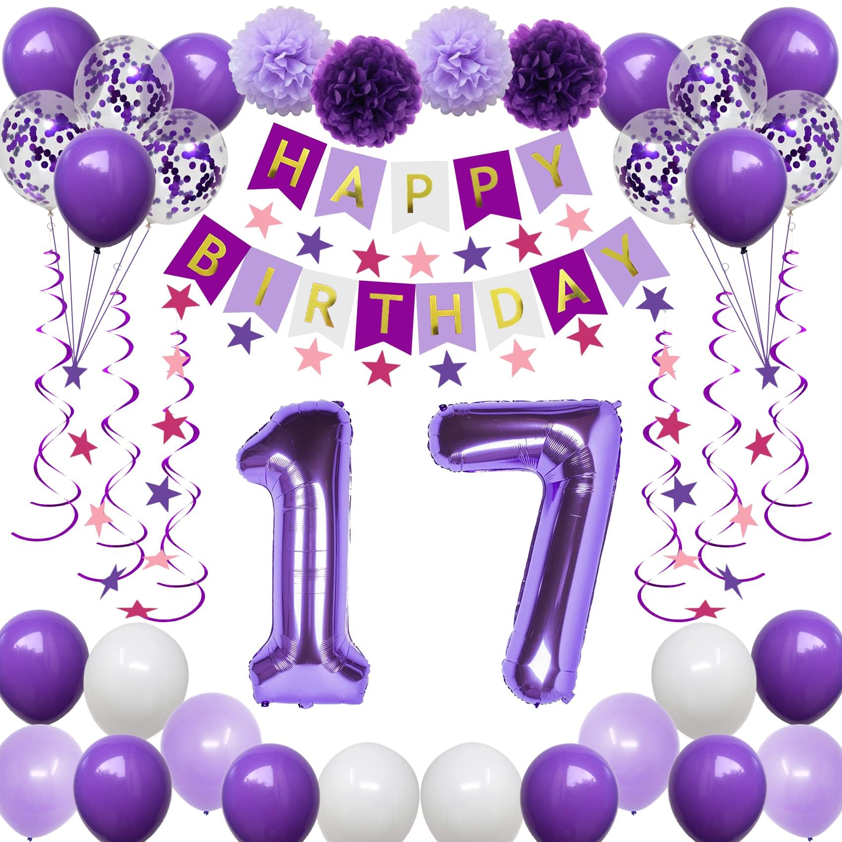 Naninuneno 17Th Birthday Decorations For Girls, Purple 17 Happy Birthday Balloons Supplies Including Purple Happy Birthday Banne