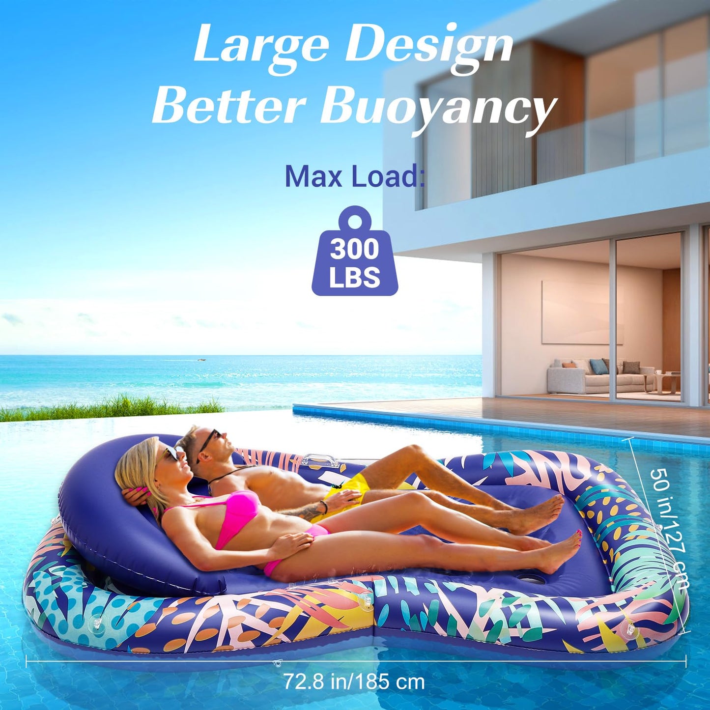 HeySplash Pool Lounger Float for mature-themed  Hawaii Style Inflatable Pool Floats Bed with Detachable Cupholder Caddy  73*50 XL Cooling Contour Lounger Rafts  Water Rafts for Lake  Outdoor Beach Pool Party