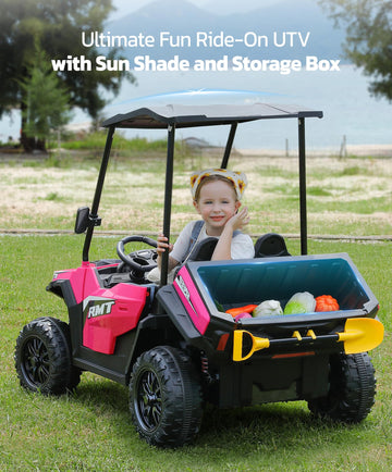 Elemara Ride On Cars 2 Seater W/Sun Shade, Dump Bed And Shovel, Ride On Toy For Big Kids, 12V 10Ah 4Wd Powered Electric Car, Sid