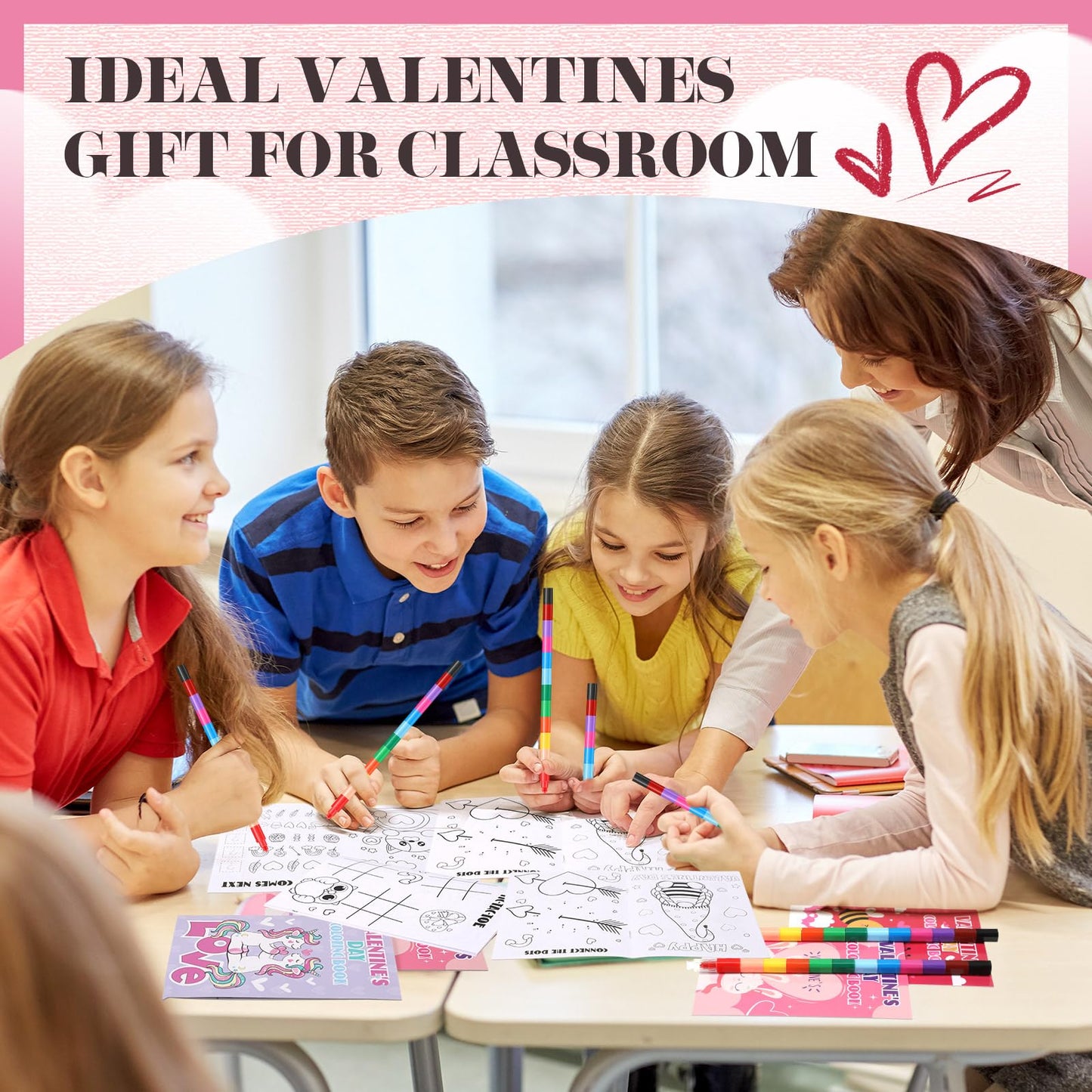 Motipuns 24 Pack Valentines Day Theme Coloring Book with 24 Stacking Crayons Sets for Kids Valentine Party Favor, Mini Coloring