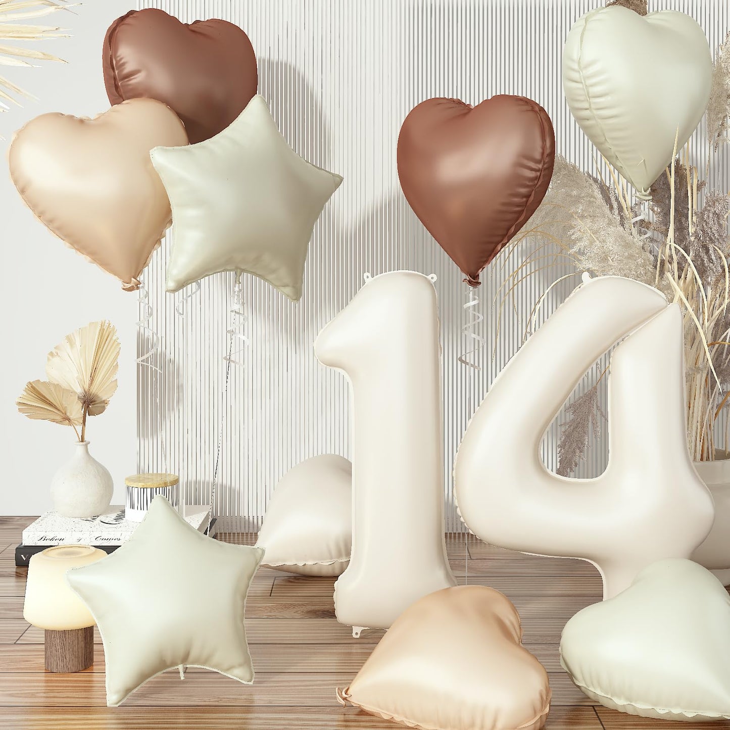 14Th Birthday Balloons Decor, Cream Brown Tan Helium Number 14 Balloon Heart Balloon, Neutral Beige Sand White Nude Foil Star Ba