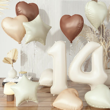 14Th Birthday Balloons Decor, Cream Brown Tan Helium Number 14 Balloon Heart Balloon, Neutral Beige Sand White Nude Foil Star Ba
