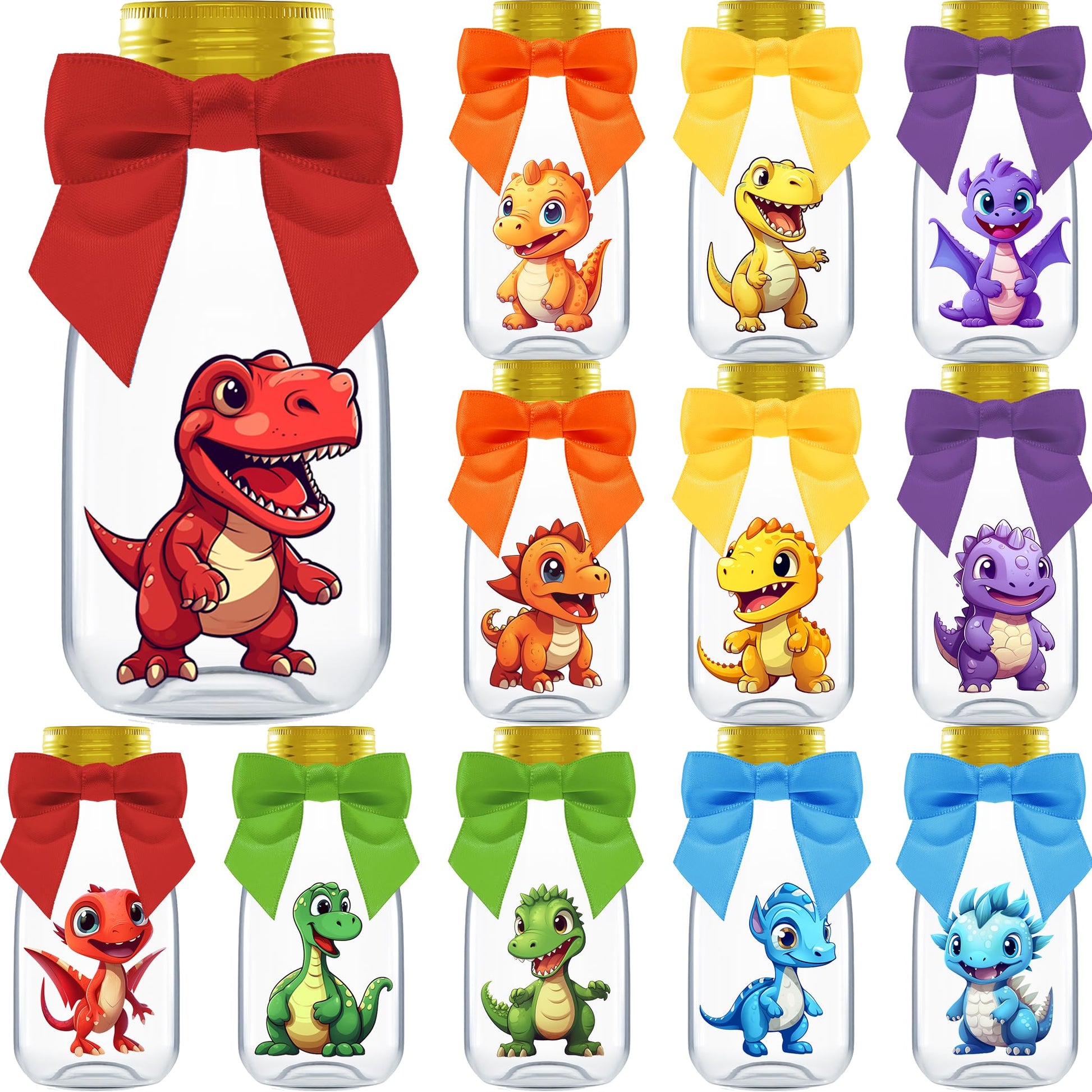 Ethisa 12 Pack Dinosaur Party Favors - DIY Candy Jars with Ribbons and Stickers - Party Decoration Bottles for Birthday, Baby Sh