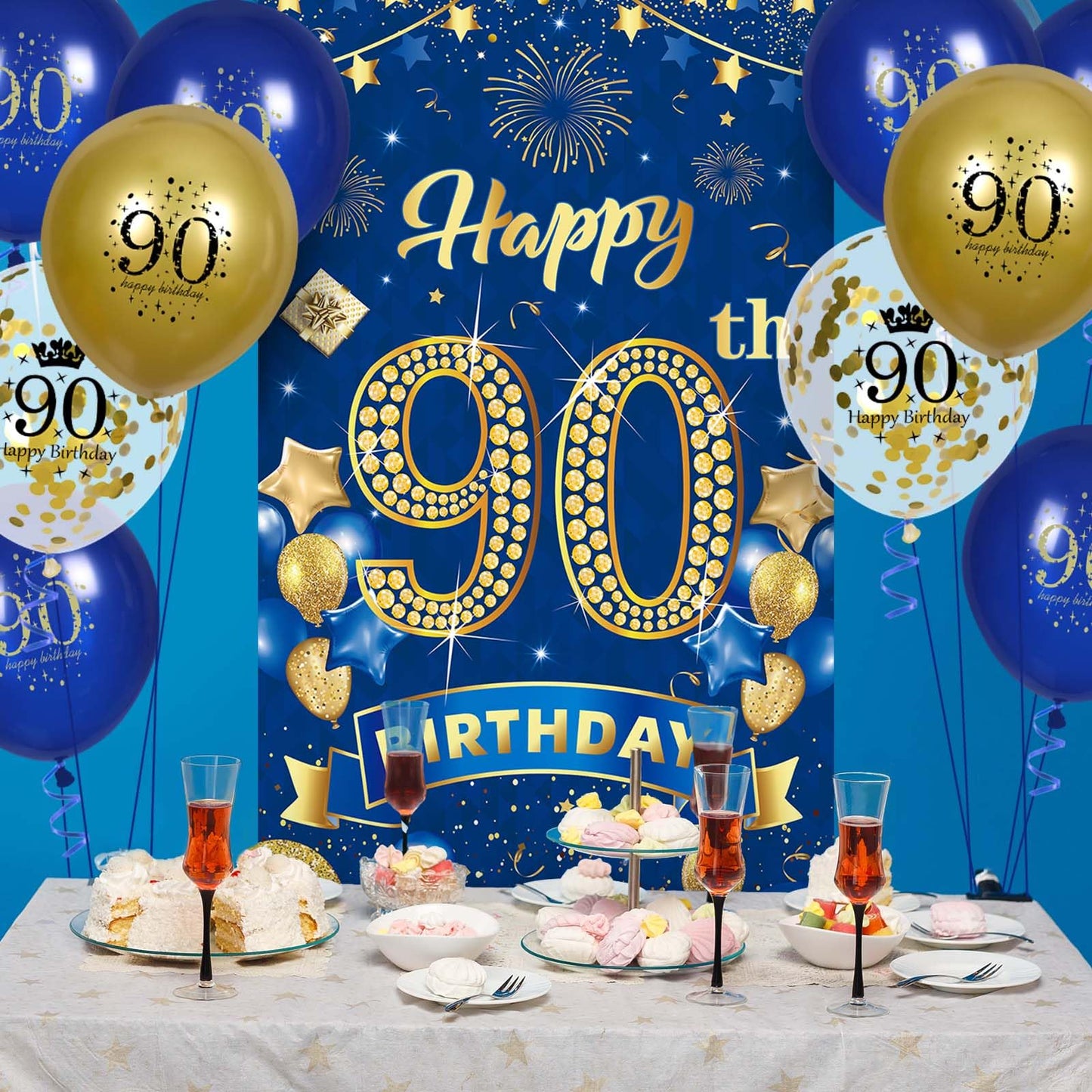 90th Birthday Party Decorations for Men Navy Blue Gold Happy 90th Birthday Banner with 18pcs 90th Balloons 90th Door Cover Backd