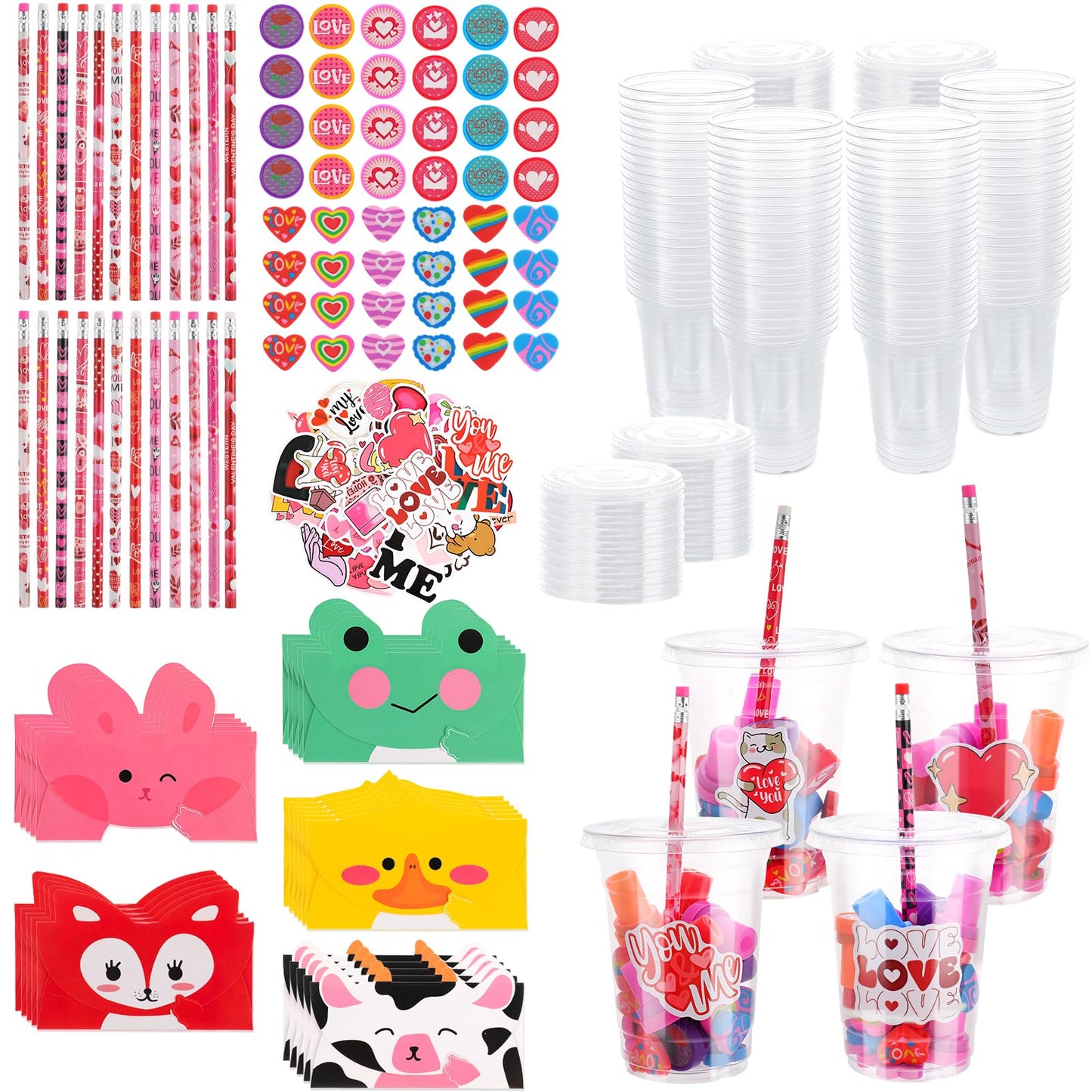 Guiqulai 122PCS Valentine s Day Gifts for Kids School,24 Pack Valentines Day Stationery Gifts with Cups Cards Pencils Stickers 