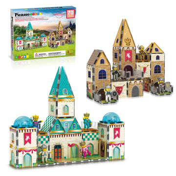 Picassotiles 70Pc Middle Age Medieval And Castle Theme Tile 2In1 8 Character Action Figures Magnet Tiles Building Block Pretend 