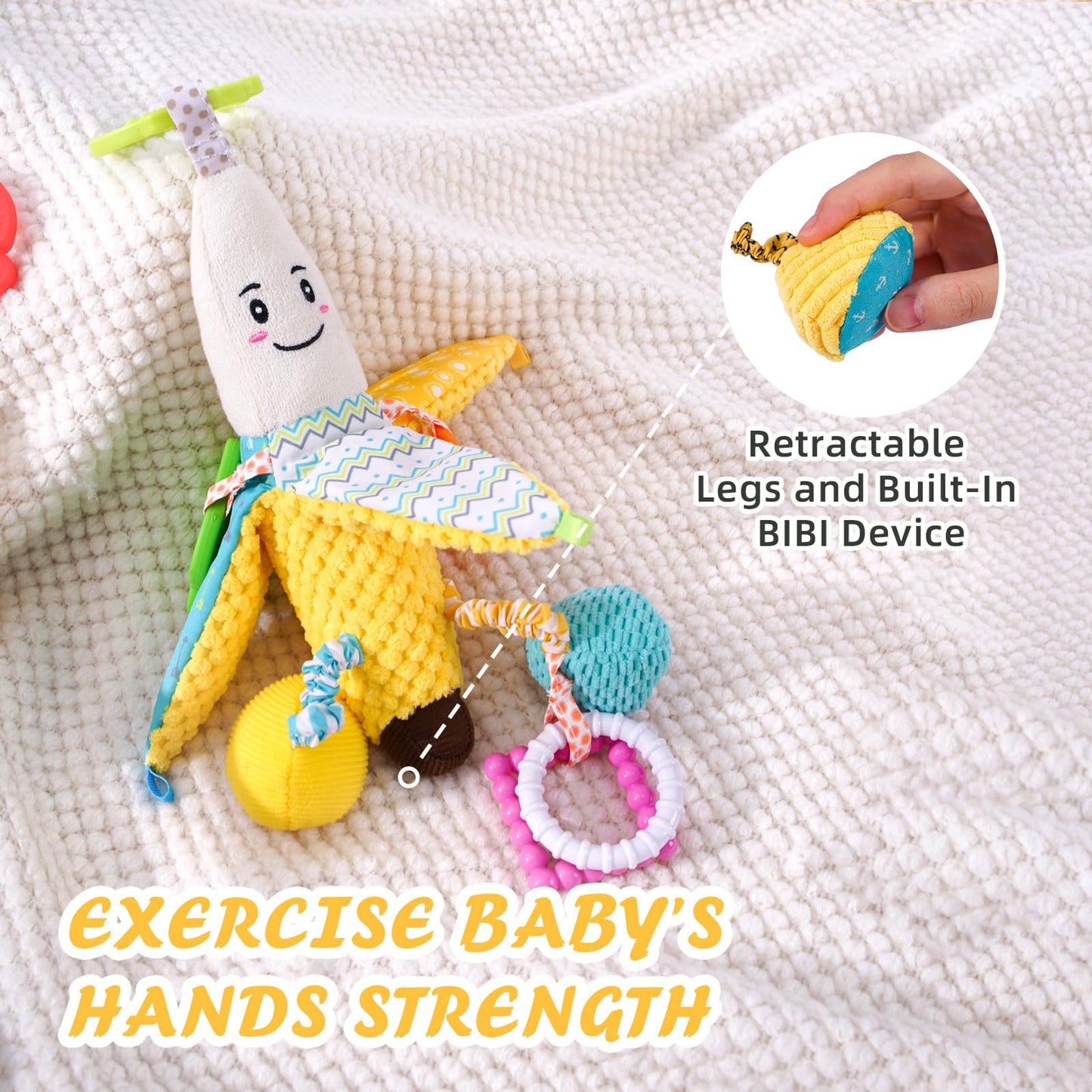 Jollybaby Stroller Rattle Toys For Car Seat Parm, Fruit Plush Hanging Infant Crib Bed Travel Activity Ring Bell With Crinkle, Squeaky & Teether For Boys Girls(Banana)
