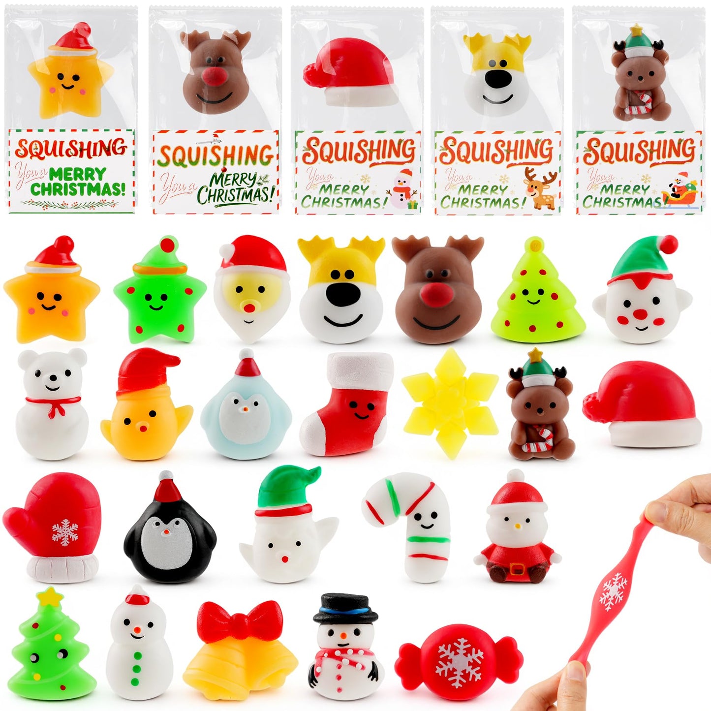 Christmas Mochi Squishy Toys 24 Pack with Gift Card  Mini Squishy Toys  Christmas Stocking Stuffers  Party Favors for Kids  Stress Relief Toys  Goodie Bags Fillers (Christmas Red Box)