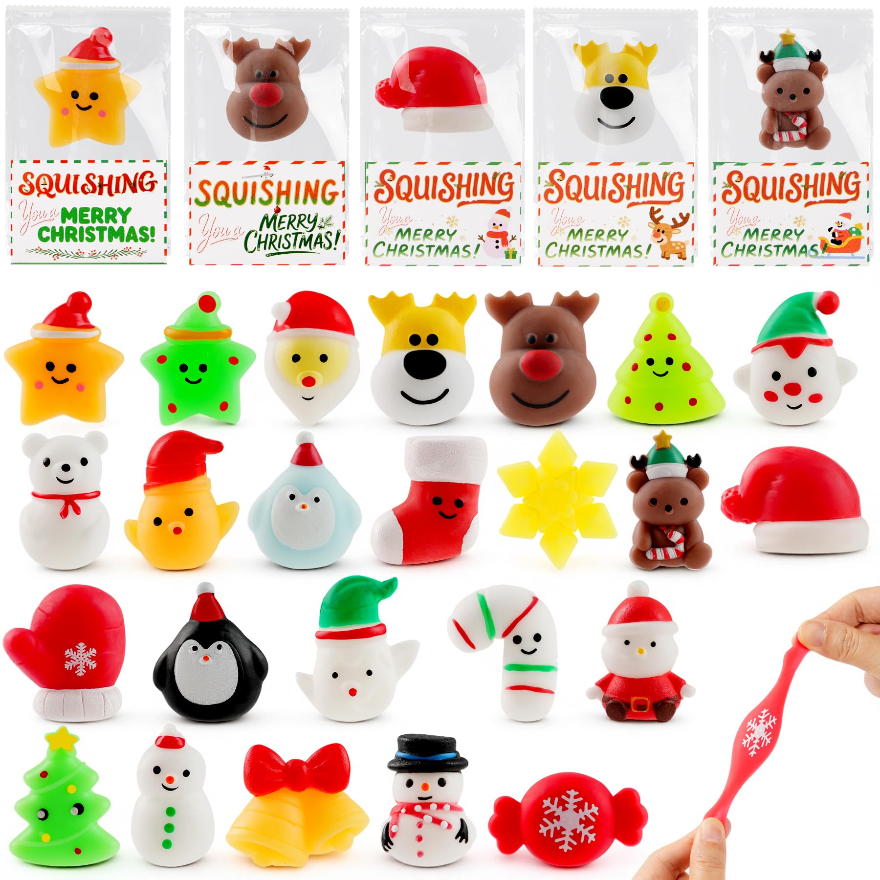 Christmas Mochi Squishy Toys 24 Pack with Gift Card  Mini Squishy Toys  Christmas Stocking Stuffers  Party Favors for Kids  Stress Relief Toys  Goodie Bags Fillers (Christmas Red Box)
