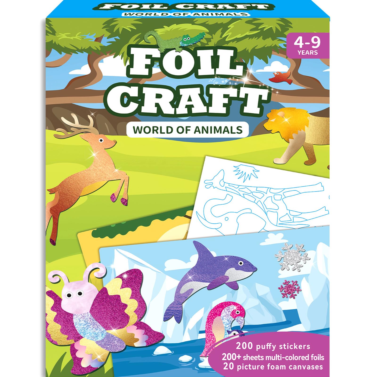 Soovsy Animals Foil Art Fun Kit For Kids, Foil Art For Kids Crafts Kit Diy Creative Activity Birthday Christmas Gift Travel Toys