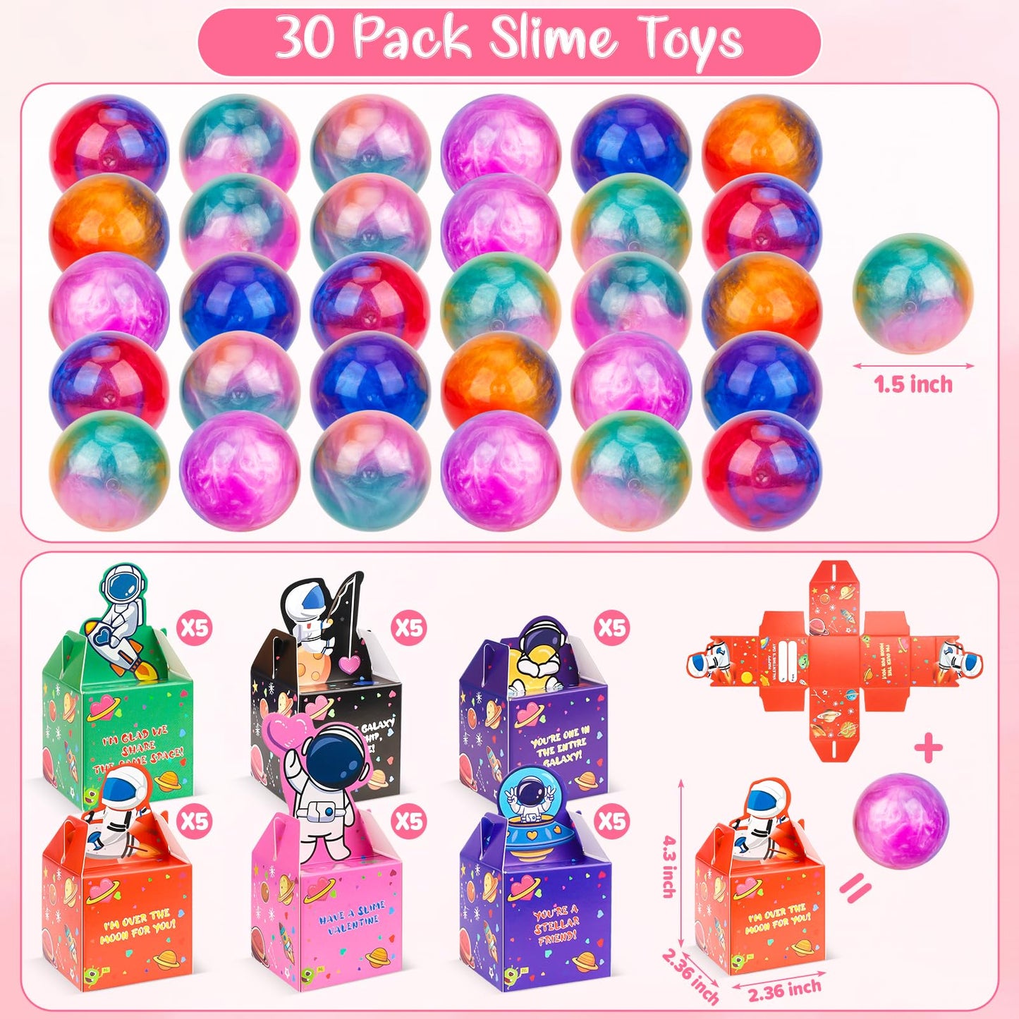 30 Pack Valentines Day Gifts For Kids, Valentines Galaxy Slime With Valentines Day Cards Space Gift Boxes, Valentine Classroom F