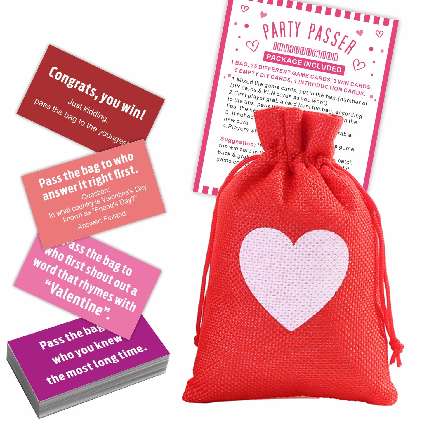 Valentine's Day Pass The Bag Game Kit  44 Tip Cards & 1 Pass Bag  Funny Party Game For teenager & mature-themed  Gathering Prize Game  Group Activity  Party Supplies -(RedA02)