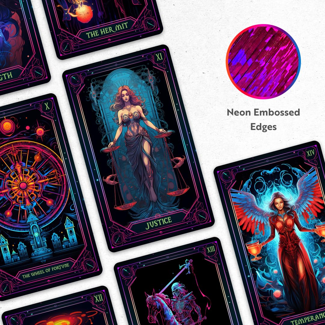 CRAFTERIAN Neon Tarot Cards - 78 Original Cards for Beginners & Experts with Guide Book - Multicolor Fortune Telling & Divination Tools