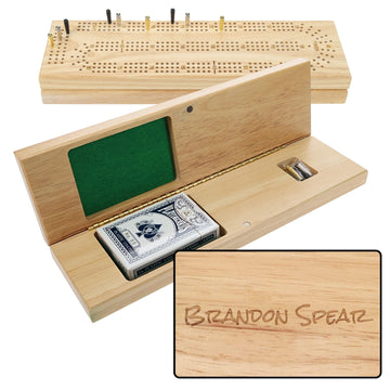 WE Games Custom Engraved Wooden Cribbage Game Set Natural Stain, Continuous 3 Track for 2-3 Players, Travel Cribbage Board with 