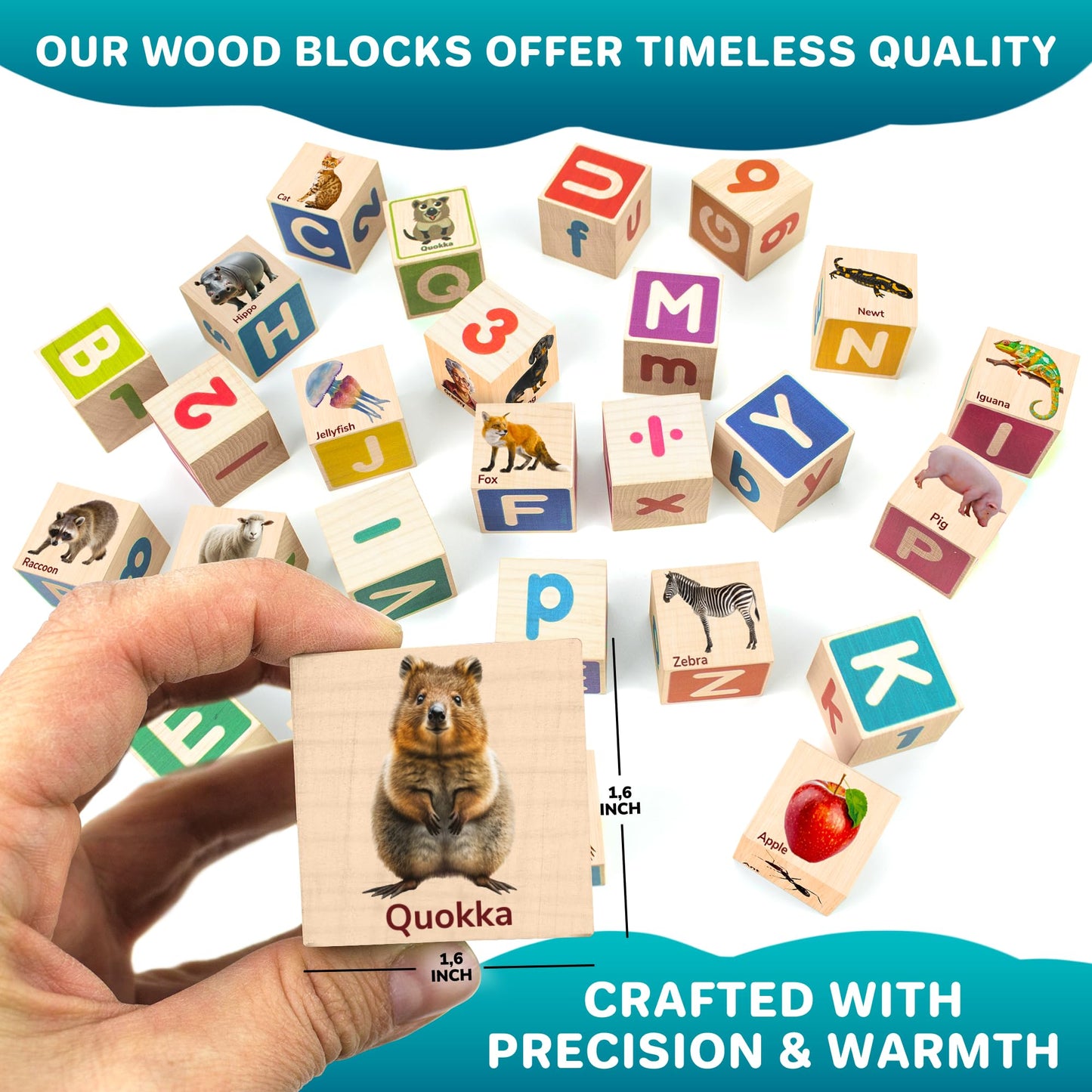 Quokka Montessori Wooden Blocks For Toddlers 1-3 - 35 Realistic Abc Learning Baby Blocks For Kids 3-5 Year Olds - Stacking Alphabet Wood Toys For 2-4 Yo - Learn Letters Numbers