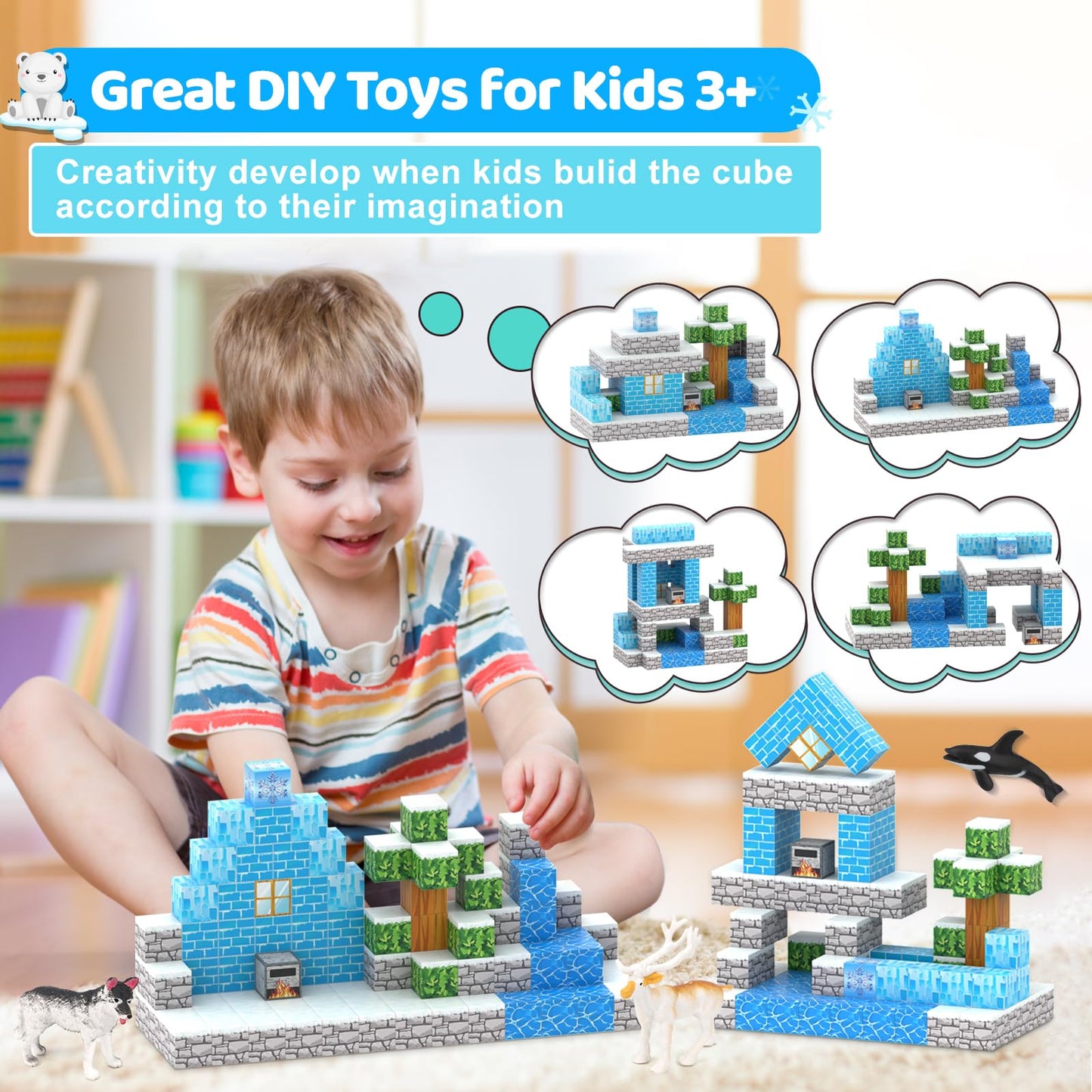Magnetic Blocks 110Pcs With 6 Animal Toys, Mine Frozen Snow Magnet World Building Blocks Set, Toys For Boys & Girls Age 4-6,5-7,