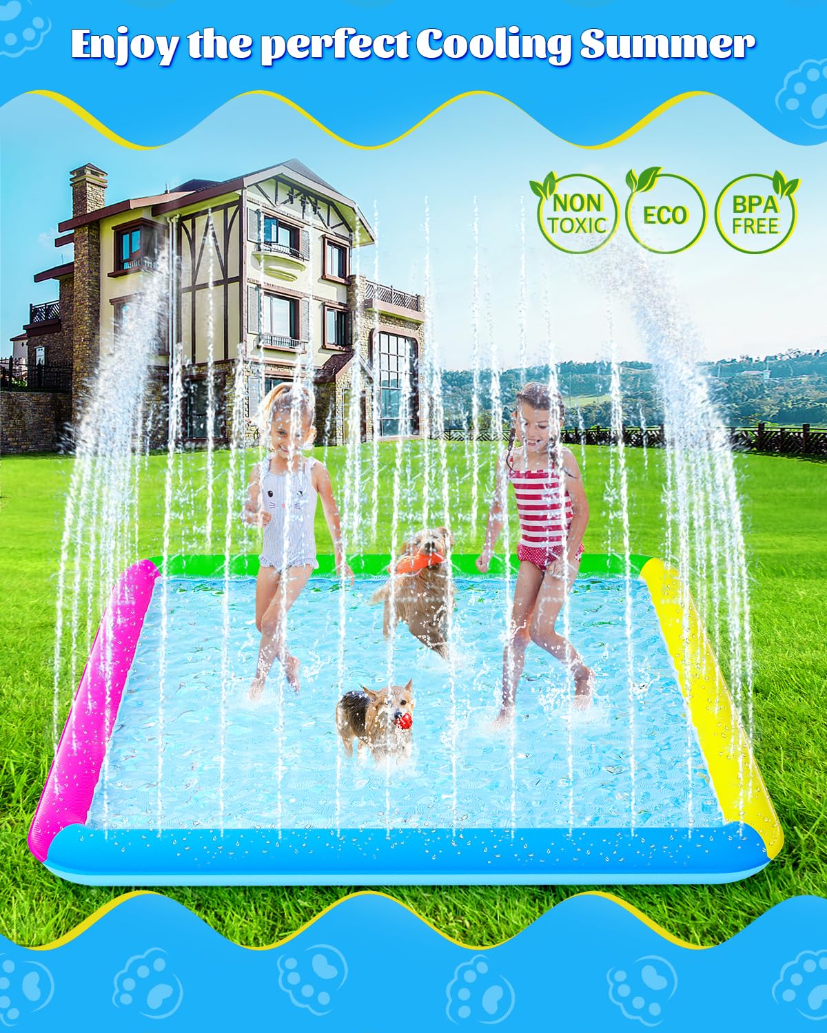 Raxurt Splash Pad, 97''- 72'' Non-Slip Splash Pad for Kids and Dogs, Thickened Durable Square Dog Pool with Sprinkler Summer Out