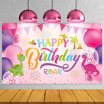 Sumind Dinosaur Happy Birthday Backdrop, Dinosaur Party Background Boy/Girl Gaming Banner For Decoration, Baby Showers And Photo Prop (Pink)