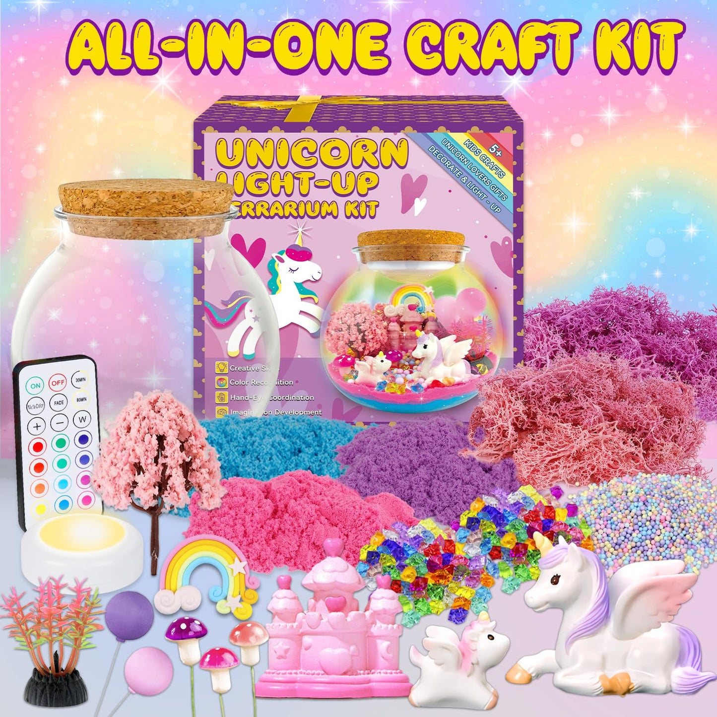 Unicorn Terrarium Crafts Kit For Kids-Led Night Light Up & Remote Unicorn Birthday Gifts Toys For Girls Ages5 6 7 8 9 10 Year Ol