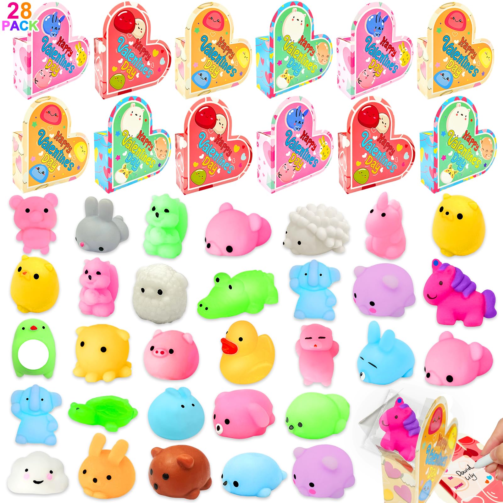 28 Pack Valentines Day Gifts Animals Mochi Squishies Toys With Heart Boxes Valentines Cards For Kids School Classroom Exchange S