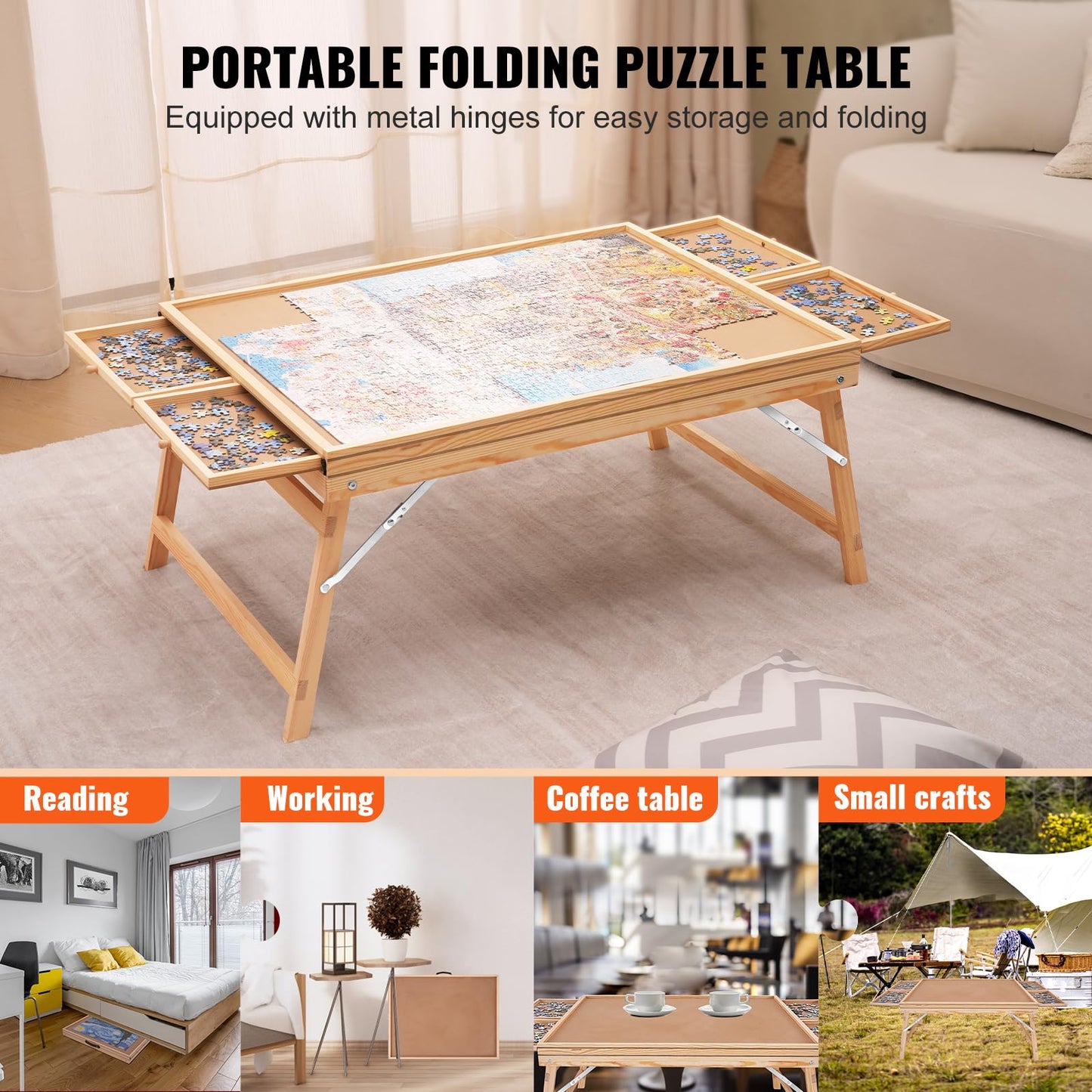Vevor 1500 Piece Puzzle Table With Folding Legs, 4 Drawers And Cover, 32.7''X24.6'' Wooden Jigsaw Puzzle Plateau, Puzzle Accesso