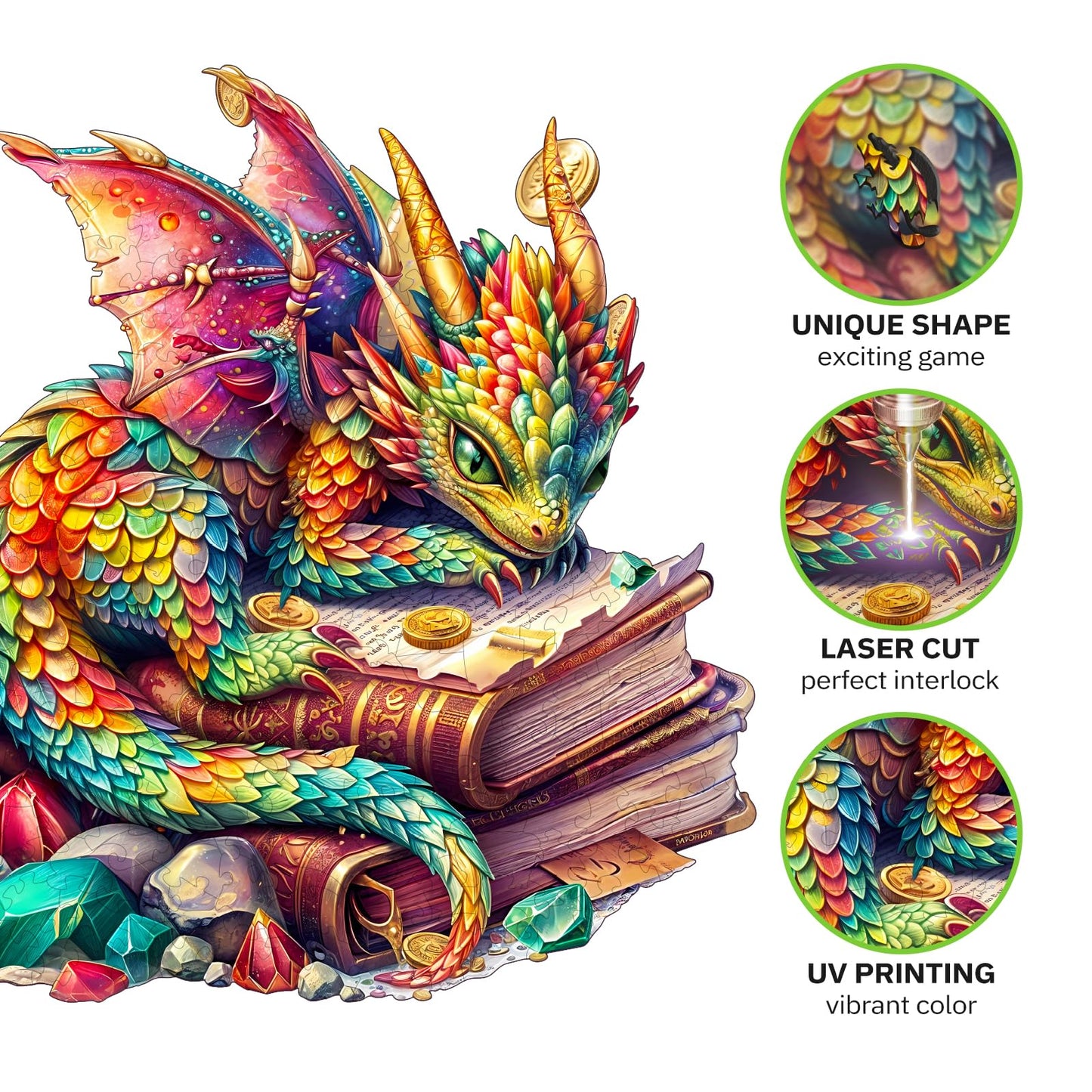 Jigfoxy Wooden Puzzles for mature-themeds  Jeweled Dragon Wood Puzzles mature-themed  Unique Animal Shape Wooden Jigsaw Puzzles for mature-themeds  Birthday Gifts for Puzzle Lovers  Family (S-8.5 * 8in-100pcs)