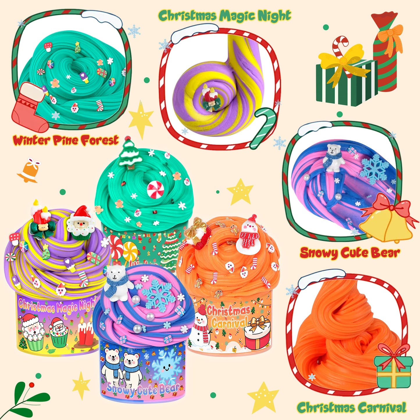 Joytry Christmas Stocking Stuffers  4 Pack Butter Slime Balls Kit for Kids  Surprise Christmas Slime Gift with Cute Polar Bear Add-ins  Vibrant Colors  Non-Sticky Stress Relief Toy for Girls Boys