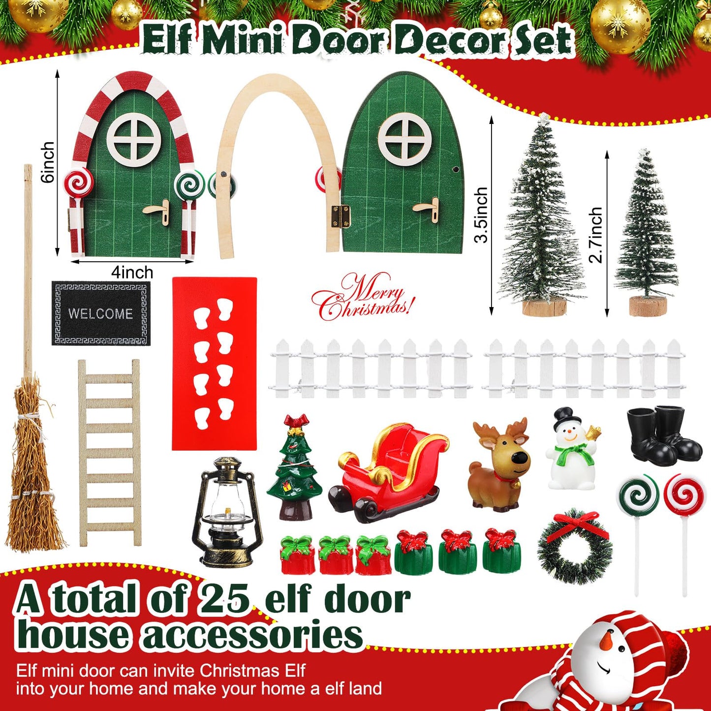 Gerrii 25 Pcs Green Christmas Elf Fairy Doors Decorations Miniature Enchanted Fairy Door Kit Tiny Elf Christmas Decor Accessorie