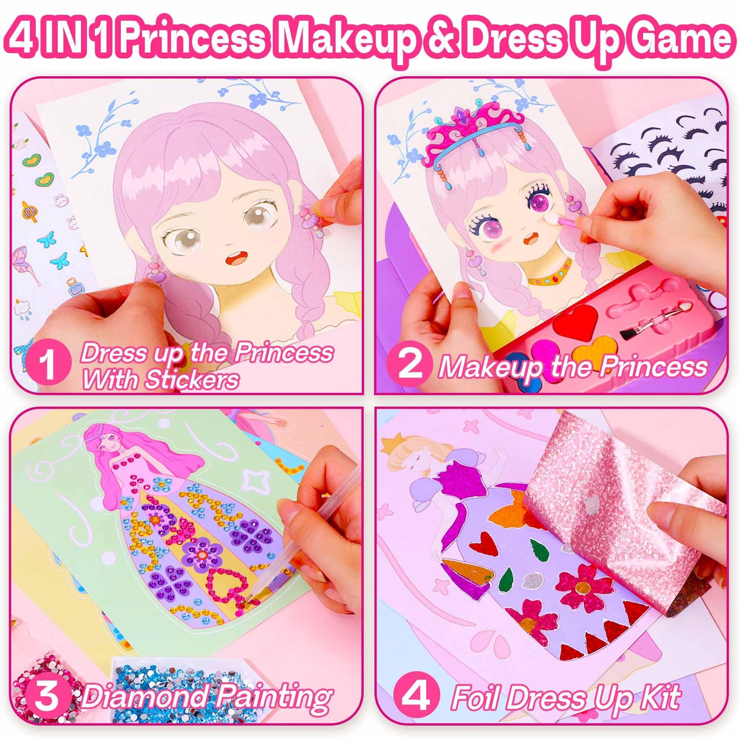 iGetooy 4-in-1 Dress Up Game Set - Princess Fantasy Makeup Kit, Pretty Princess Game, Girls Toy Kit with Diamond Painting & Dres