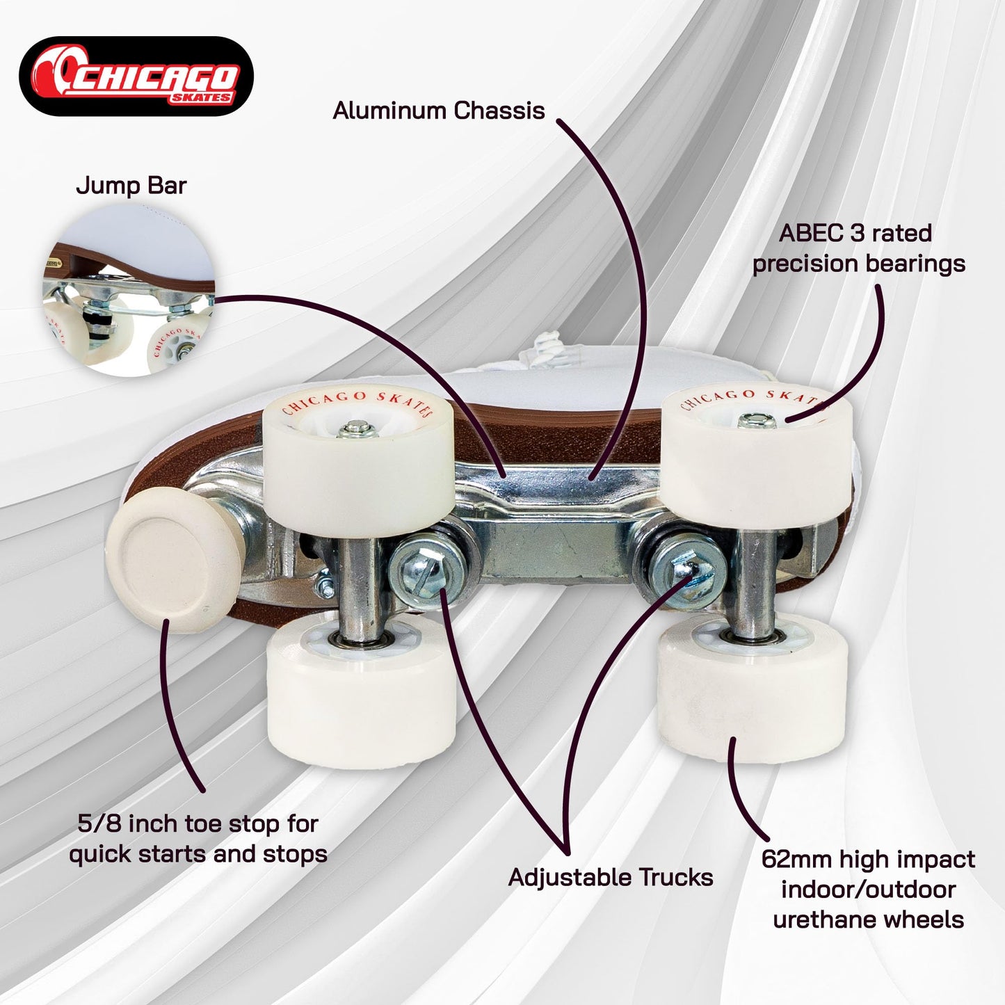 Chicago Skates Women's and Girl's enhanced Leather Lined Rink Roller Skate - Classic White Quad Skates