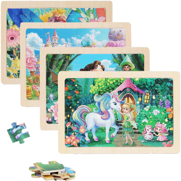 4 Sets of Wooden Puzzles, Each Set has 24 Pieces, Including Castle Unicorn Princess, for Toddlers 3-5, Puzzles for Kids Ages 4-6