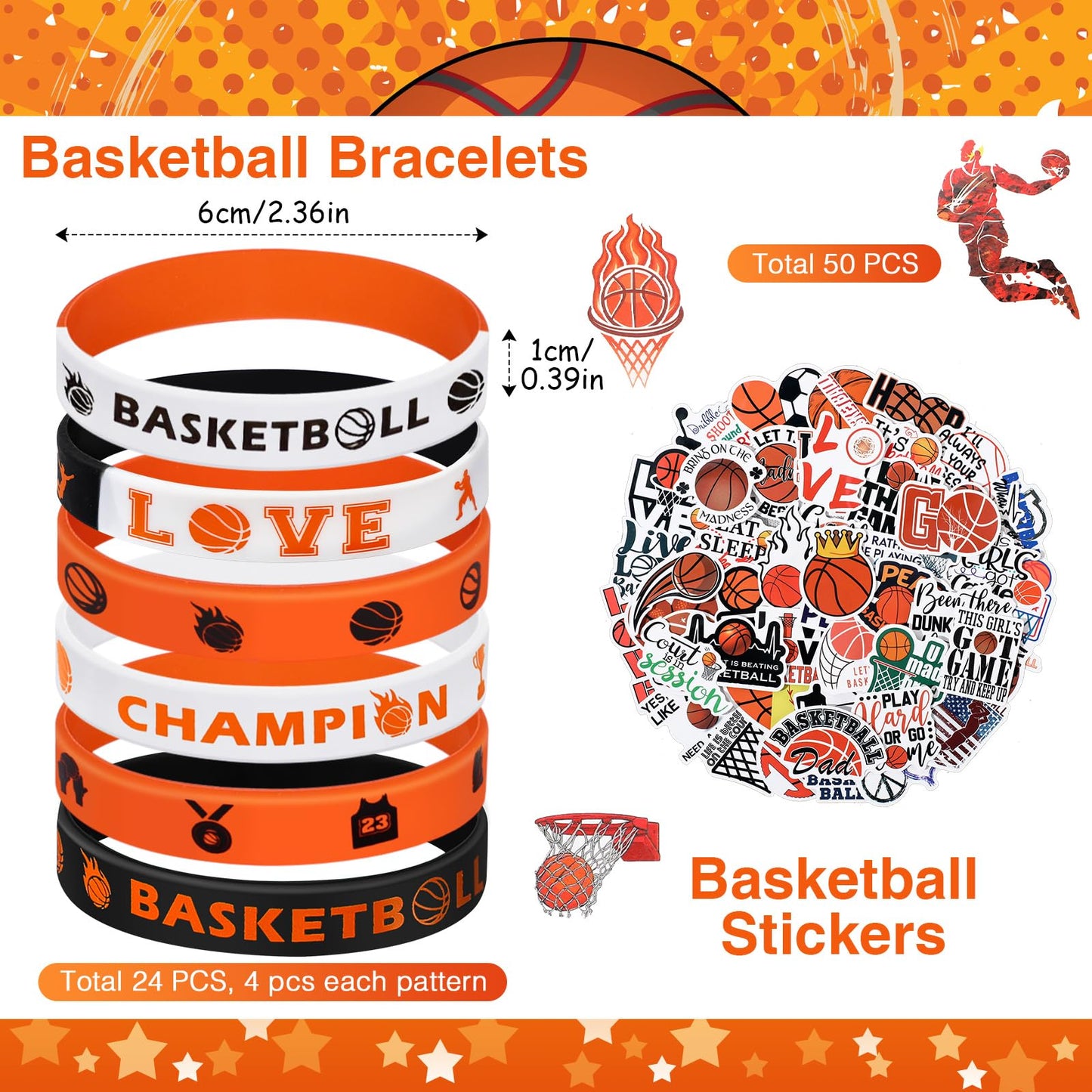 Aoriher 194Pcs Basketball Party Favors Set Basketball Silicone Charm Bracelets Mini Basketball Bouncy Balls Toy Keychains Non Wo