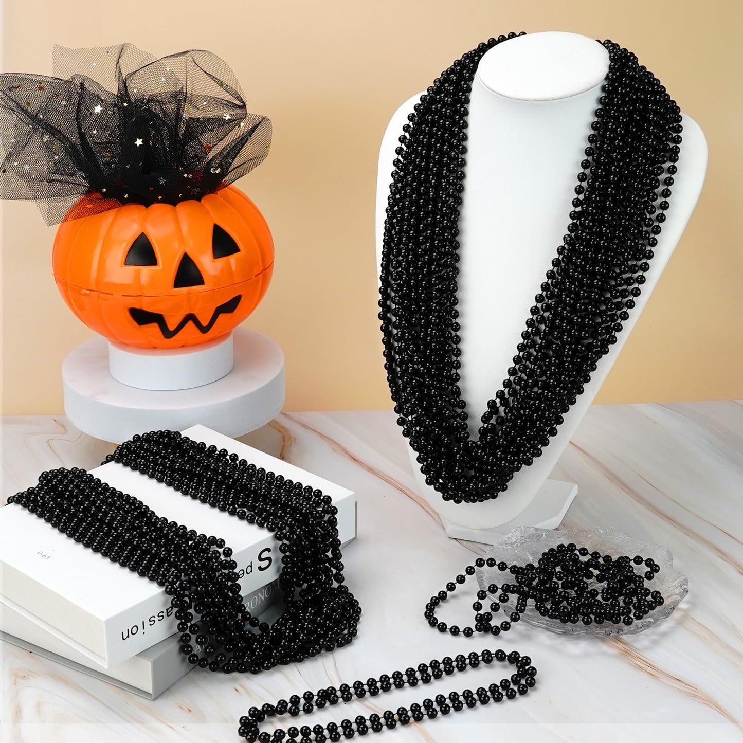 Zyflsq 100 Pcs 33'' 7Mm Black Beads Necklaces, Bulk Mardi Gras Beaded Necklaces, Party Beads Costume Necklaces