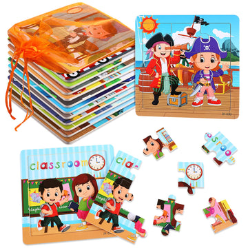 Sannix 12 Pack Wooden Jigsaw Puzzles For Toddlers, Characters Puzzles For Kids Party Favors, Educational Puzzles Learning Travel Toy With 12 Organize Bags